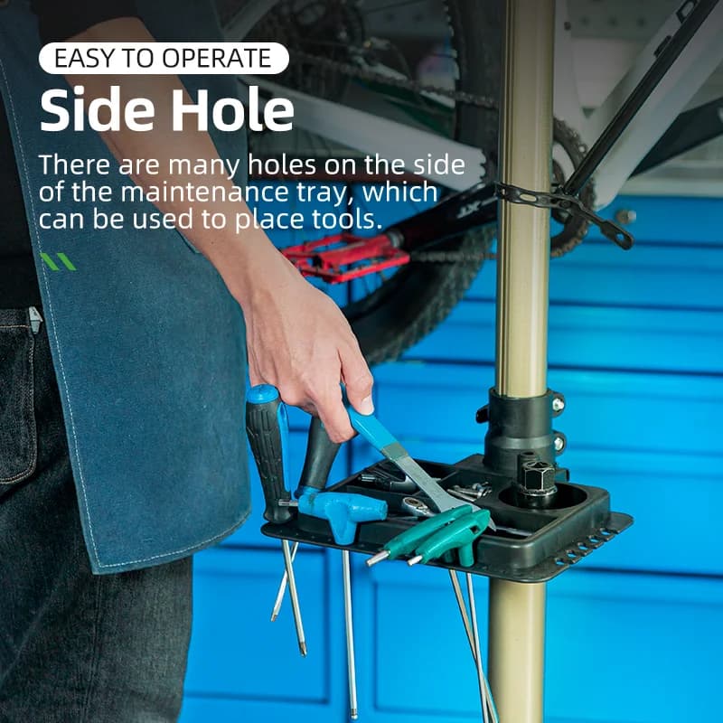 Soporte de reparación de bicicletas plegable con bandeja para herramientas
